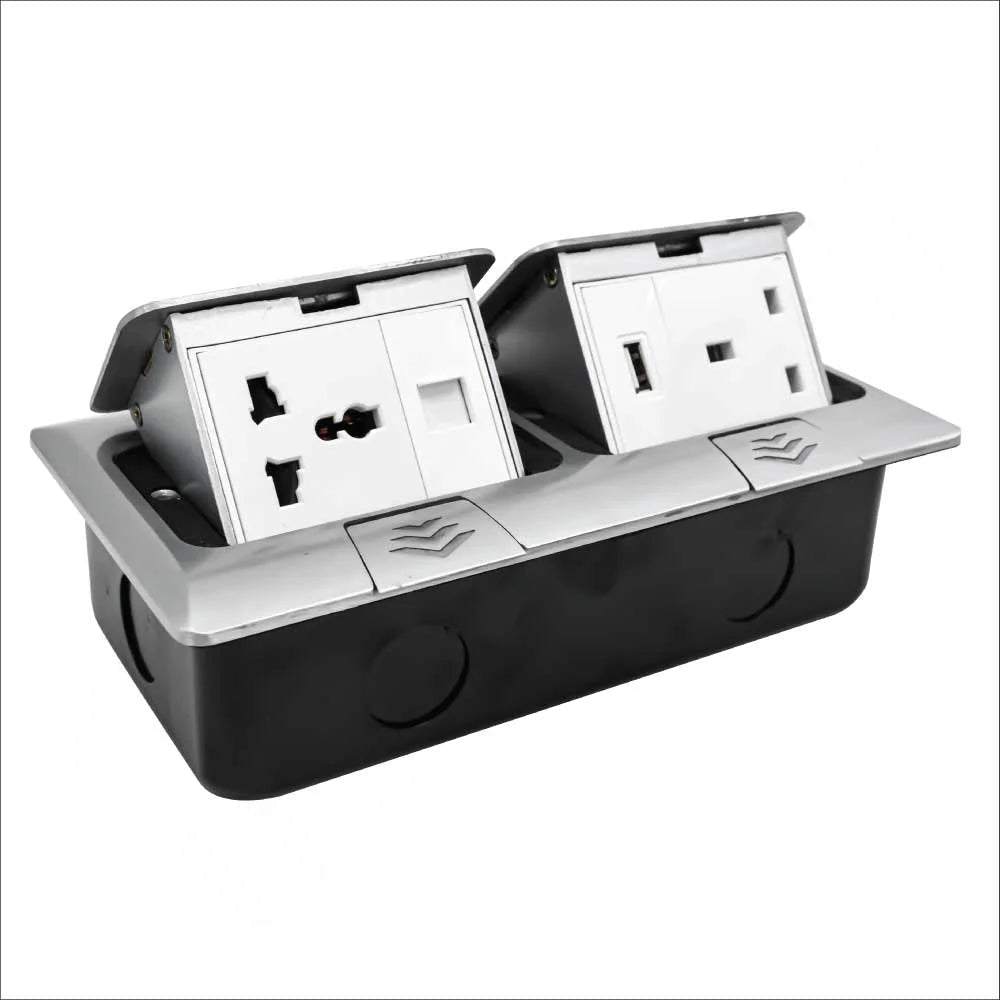 Black electrical panel with two open sockets on a white background