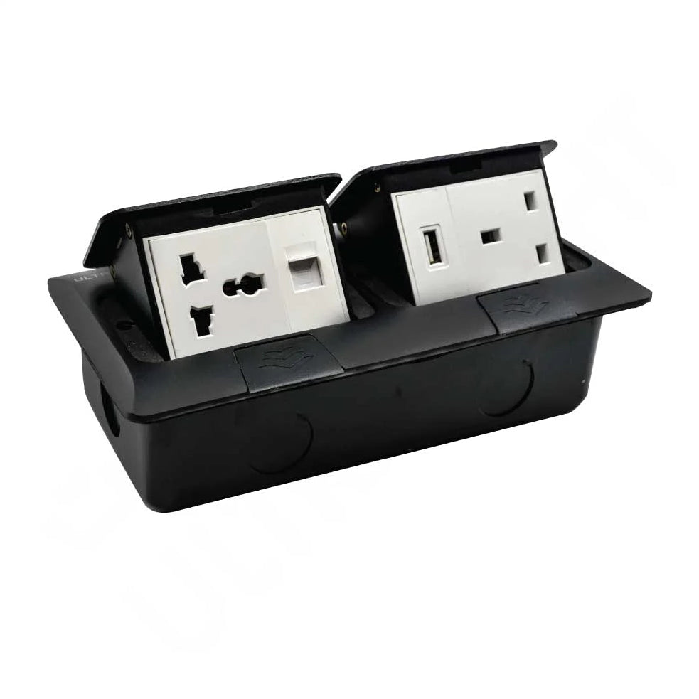 Black electrical outlet cover with two white sockets on a white background