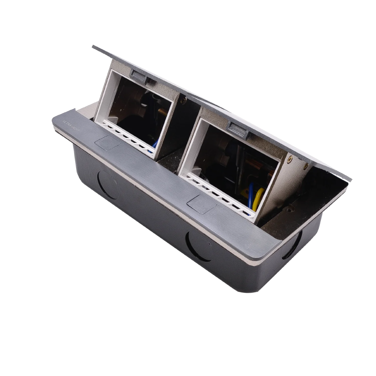 Gray electronic device with two open compartments on a white background