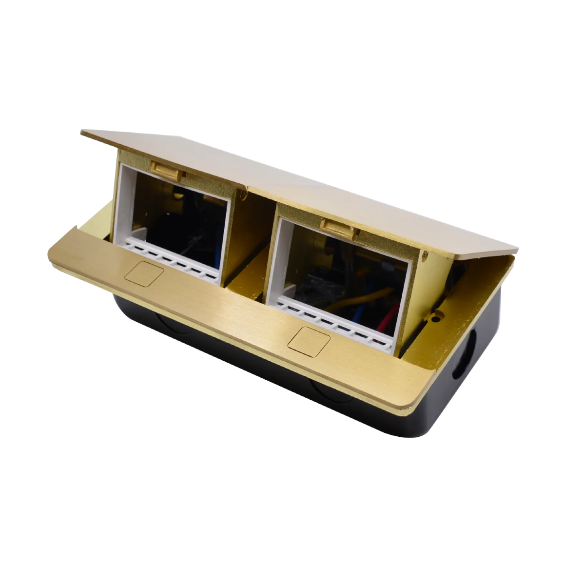 Gold and black electronic device with two screens on a white background