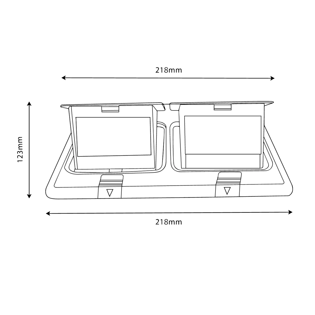 Technical drawing of a car sun visor with dimensions labeled