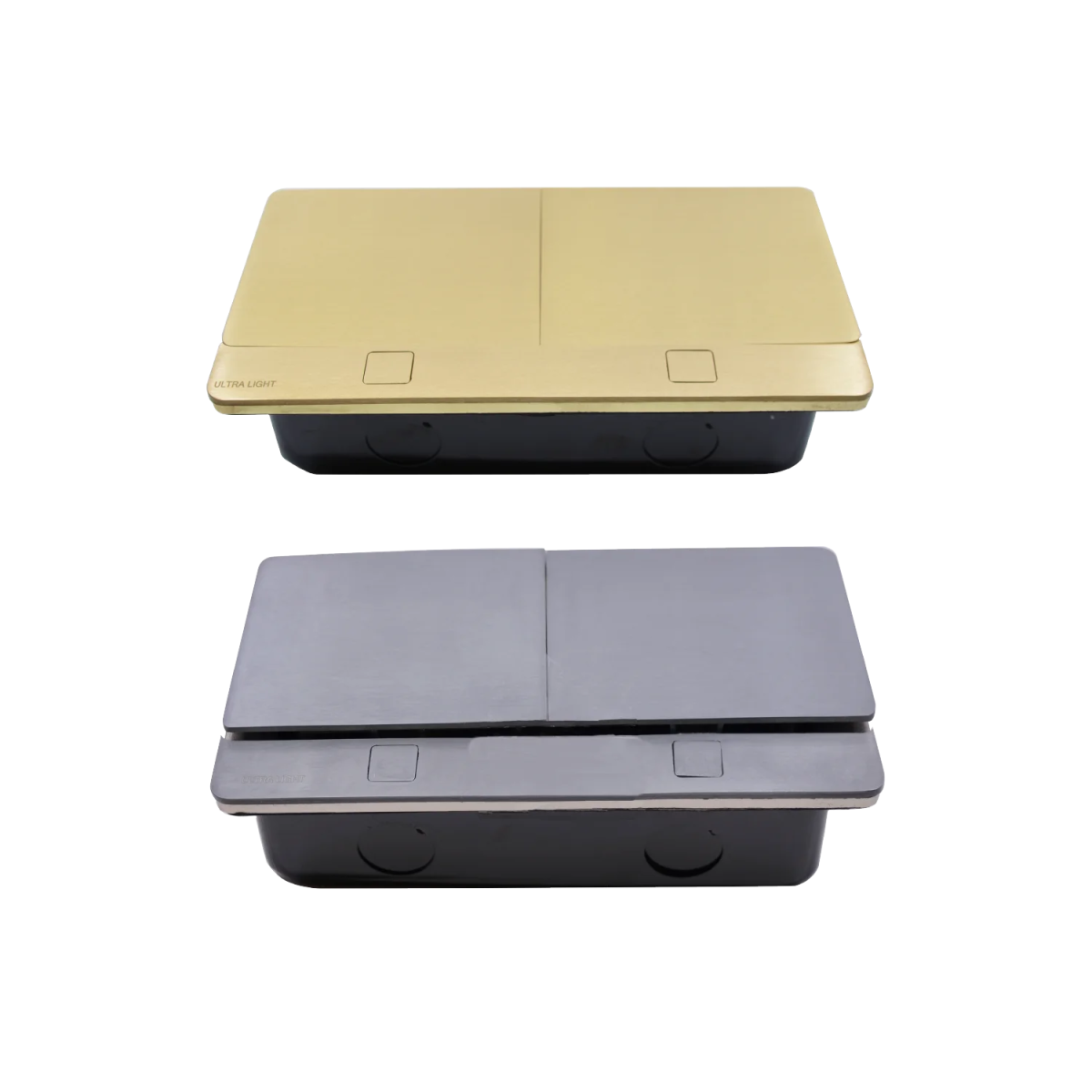 Two electronic devices, one gold and one black, on a white background