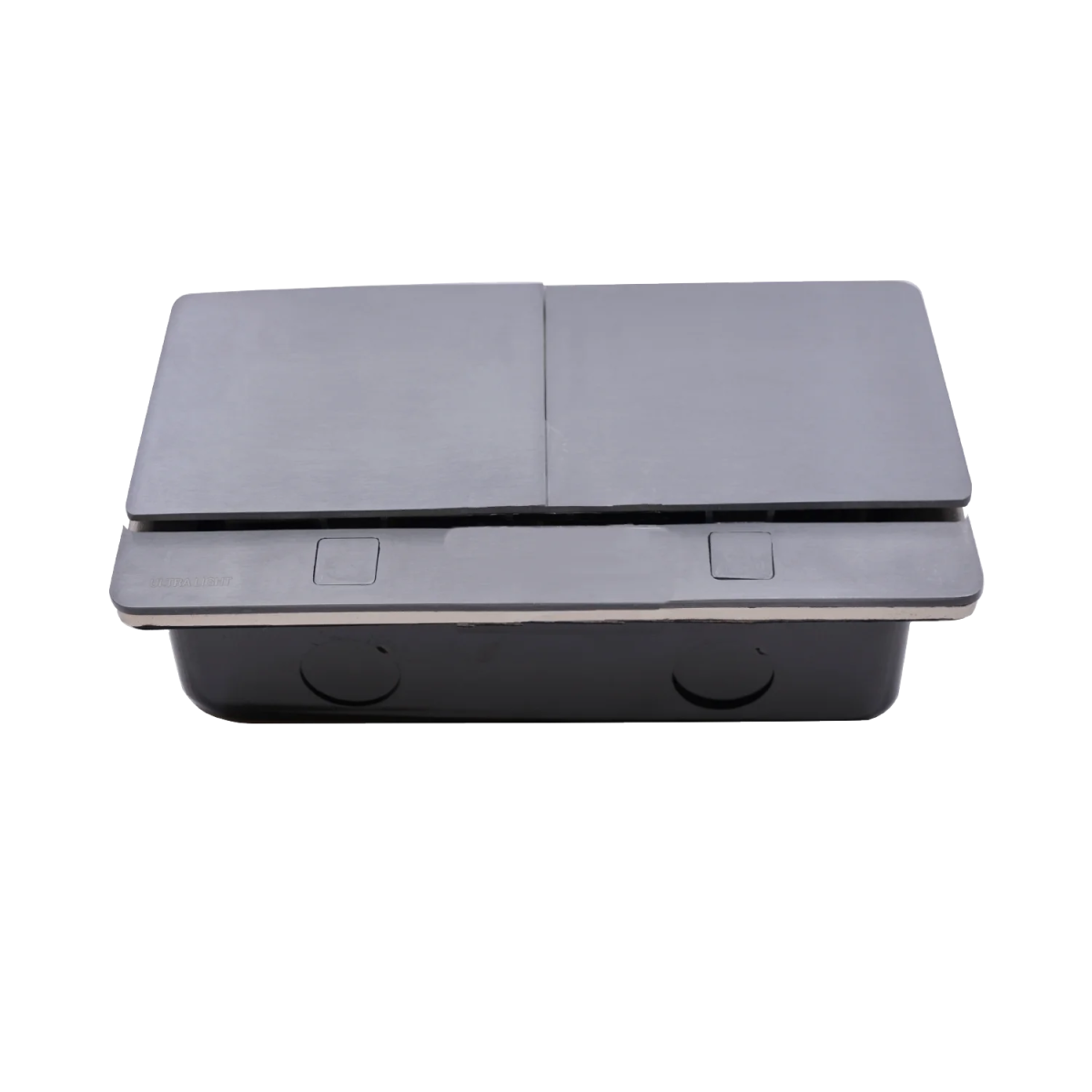 Gray electronic device with a flat top surface on a white background
