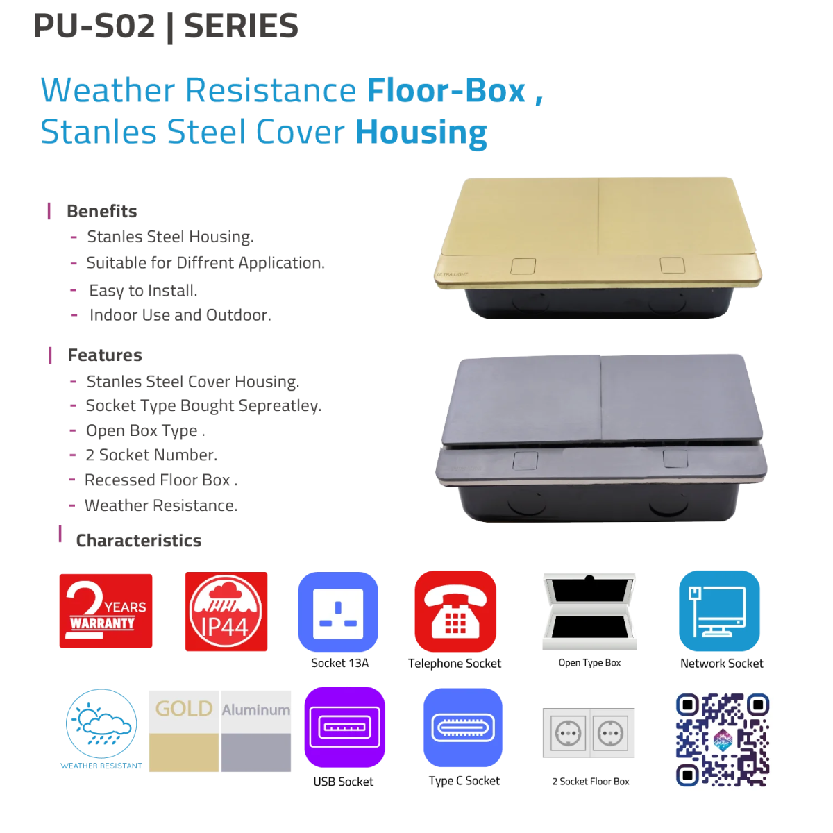 Weather resistance floor box with stainless steel cover housing, featuring benefits, features, and characteristics