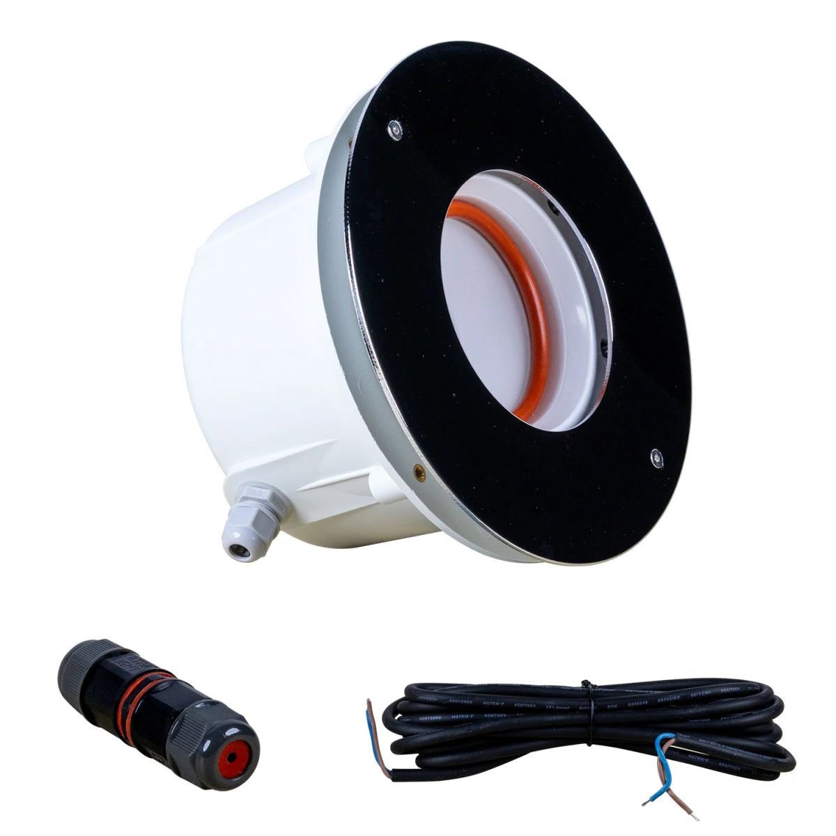 Round white light fixture with black cover, cable, and connector on a white background