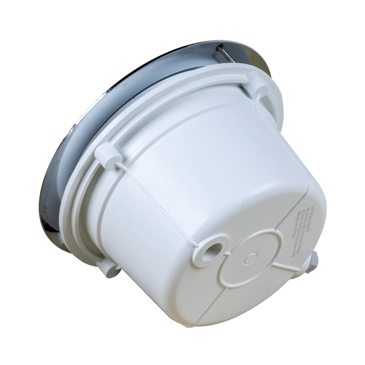 White smoke detector with silver top on a white background