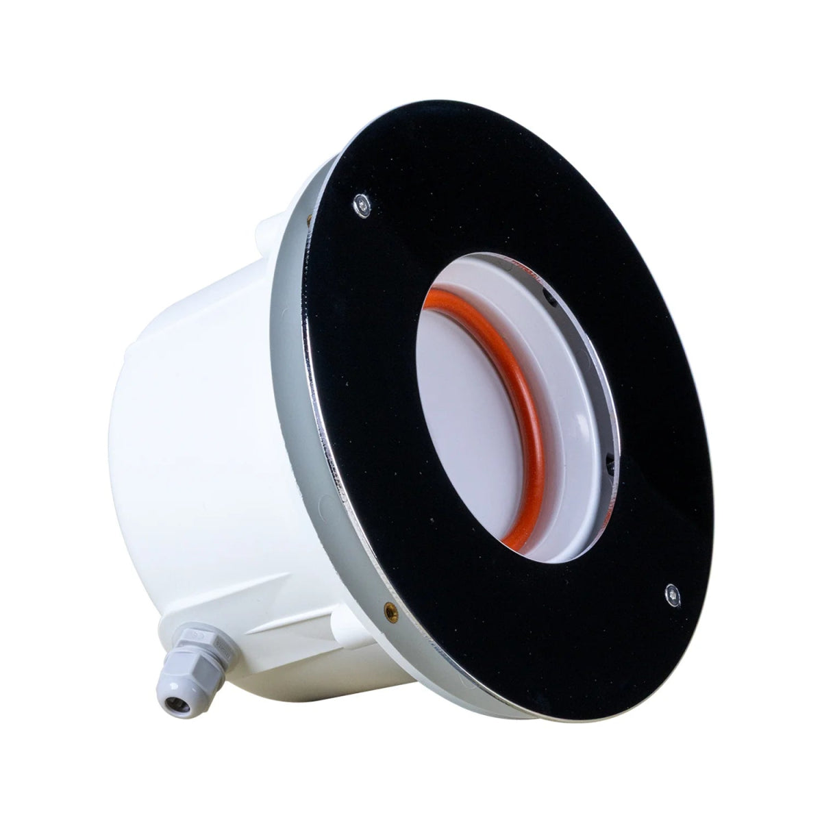 Round white and black device with a red ring on a white background