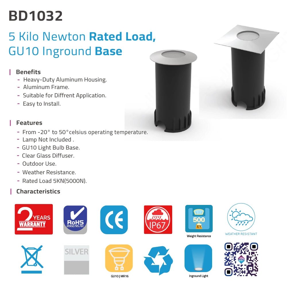 In-ground light fixture with specifications and features on a white background