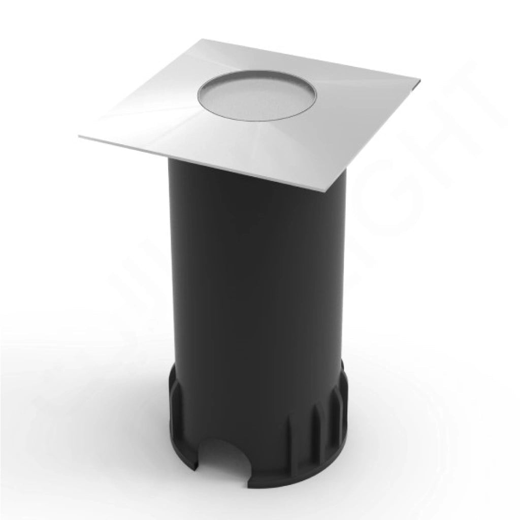 Black cylindrical outdoor light fixture with a white square cover on a white background