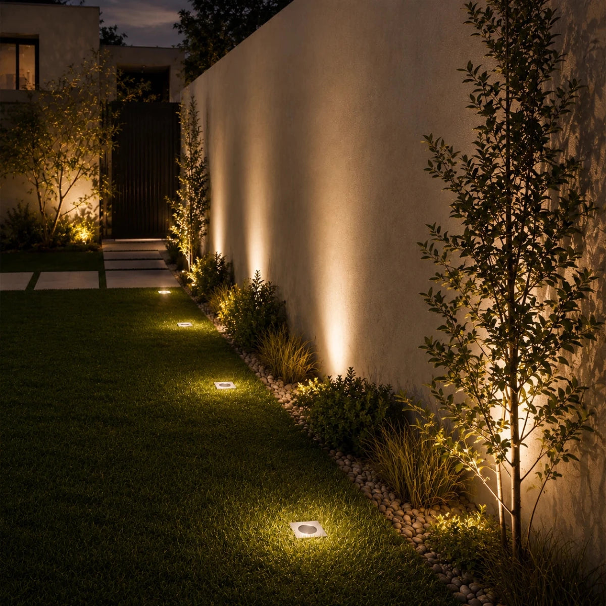Garden pathway with illuminated ground lights against a white wall