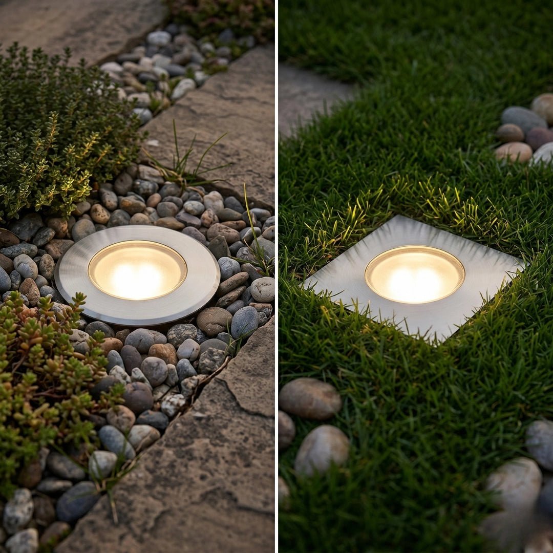 Two garden lights embedded in pebbles and grass, emitting a warm glow.