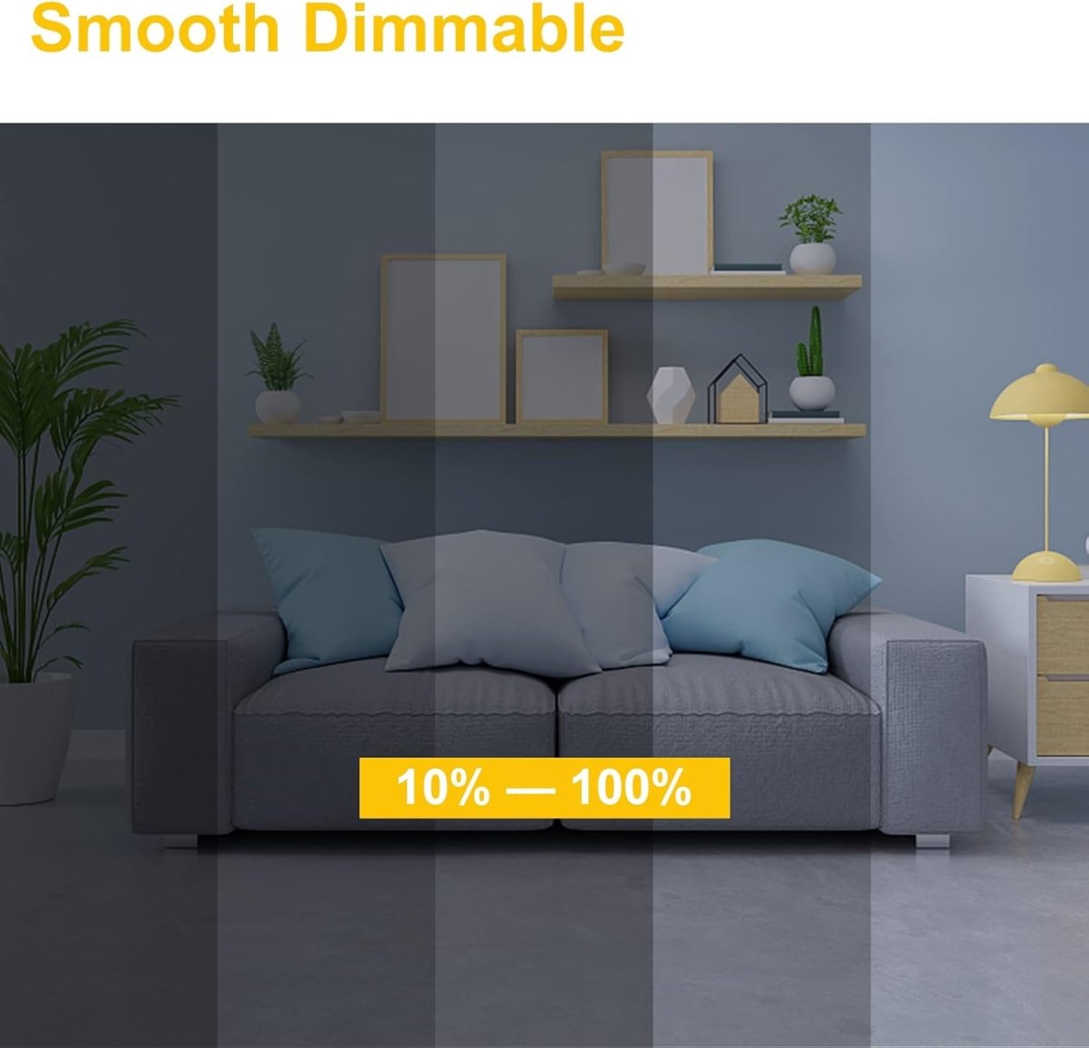 Living room with a gray sofa, shelves, and a lamp, featuring text about smooth dimmable lighting.