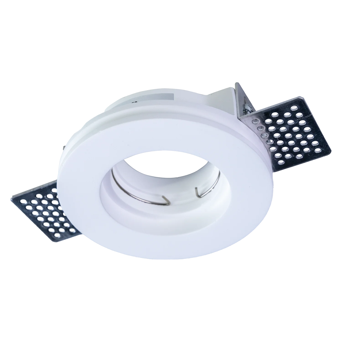 White recessed ceiling light with metal bracket on a white background