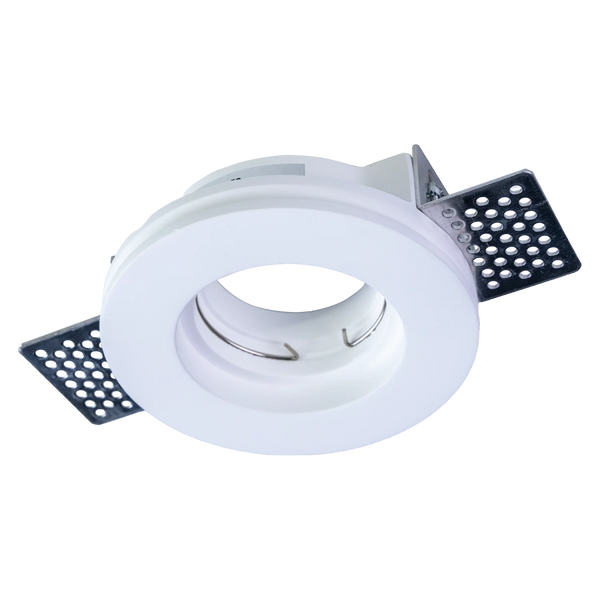 White recessed ceiling light with metal bracket on a white background