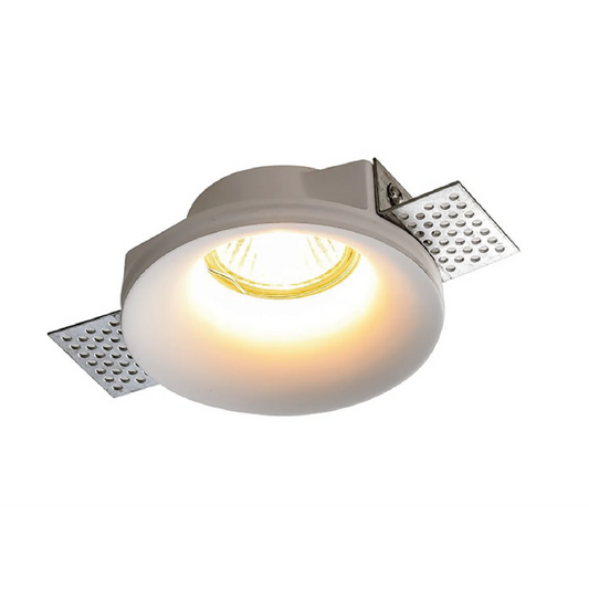 White recessed ceiling light with a clear cover on a white background