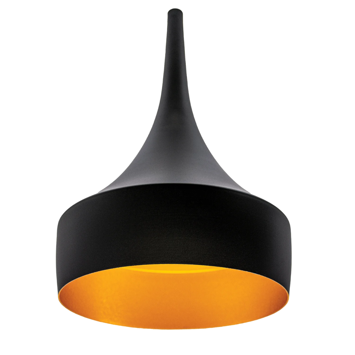 Modern pendant light with black and orange design on a white background