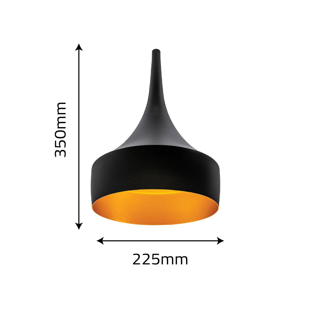 Black and orange pendant light with measurements on a white background