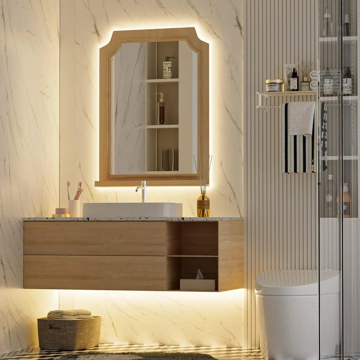 Modern bathroom with wooden vanity, mirror, and toilet.