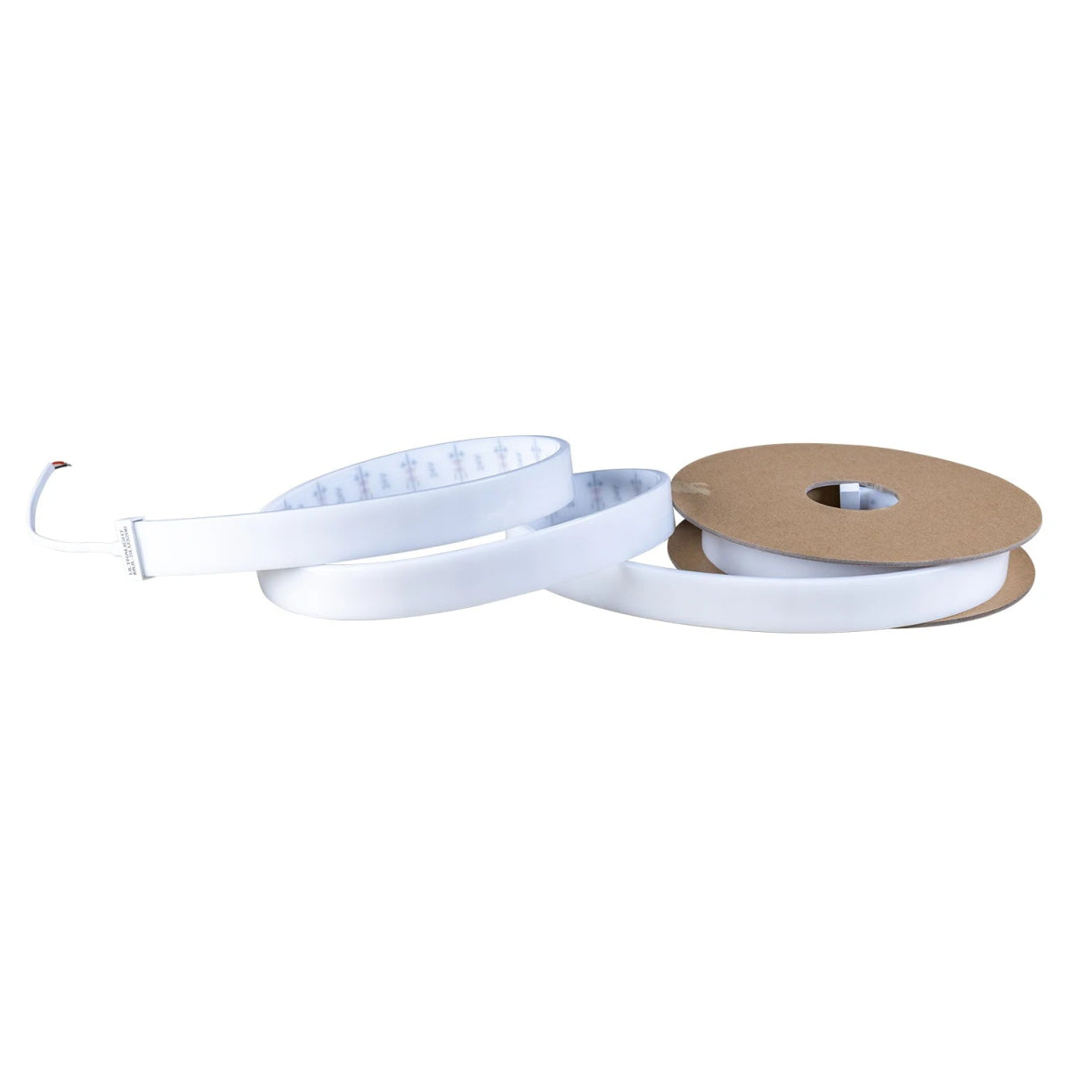 White measuring tape with a cardboard core on a white background