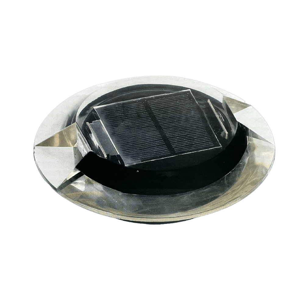 A solar-powered ground embedded light with a visible solar panel on top.
