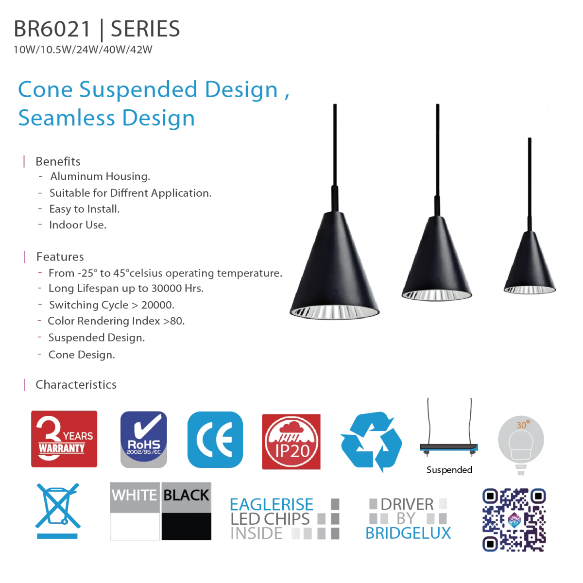 إنارة معلقة مخروطية داخلية من الترالايت (BR6021)