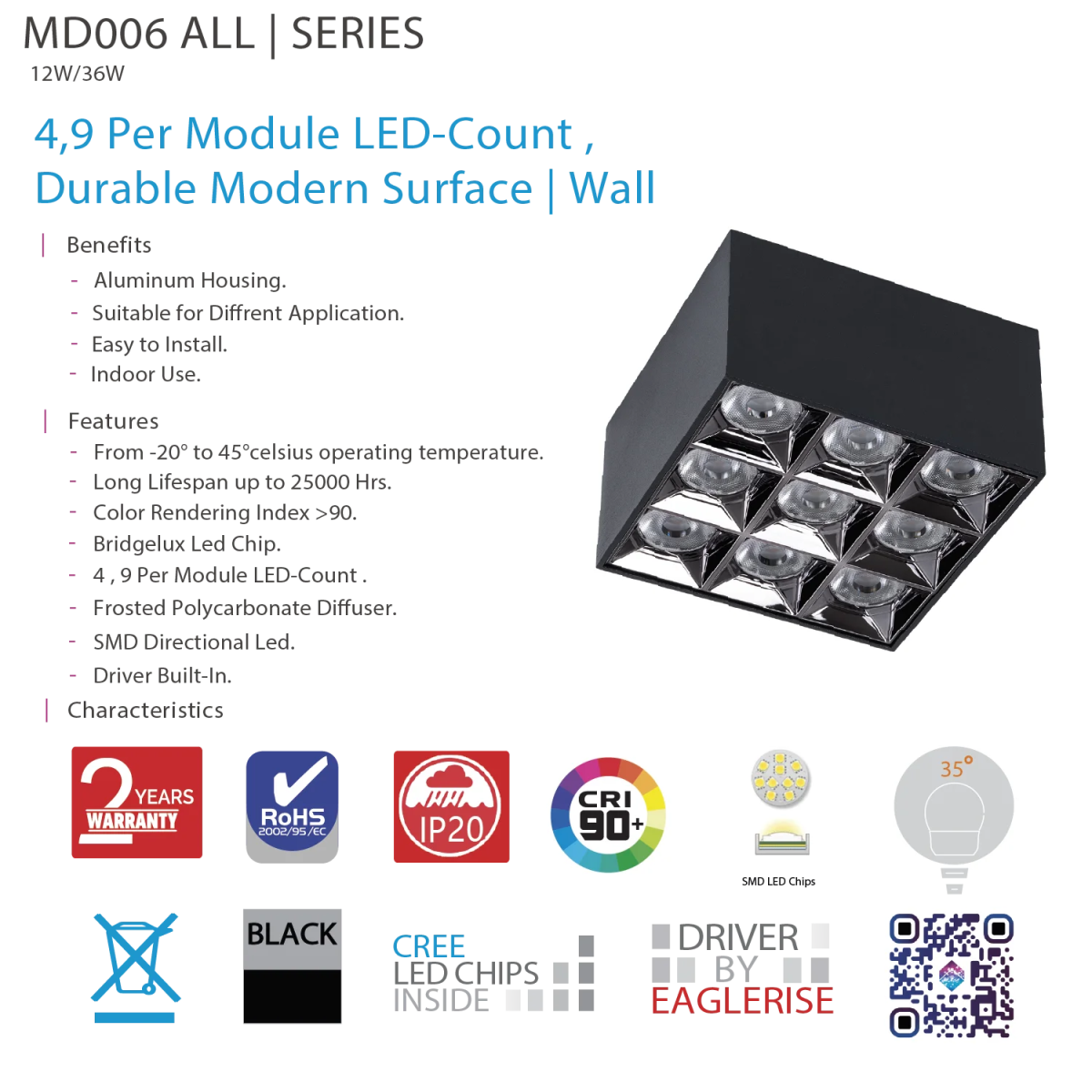 كشاف ليد جداري بتركيب سطحي عصري مع درجة وضوح ألوان عالية CRI>90 (MD006)