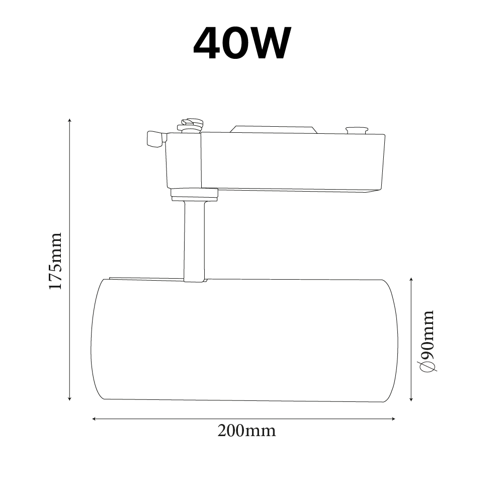 Technical drawing of a 40W light fixture with dimensions labeled