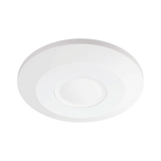 Round white ceiling light fixture on a white background