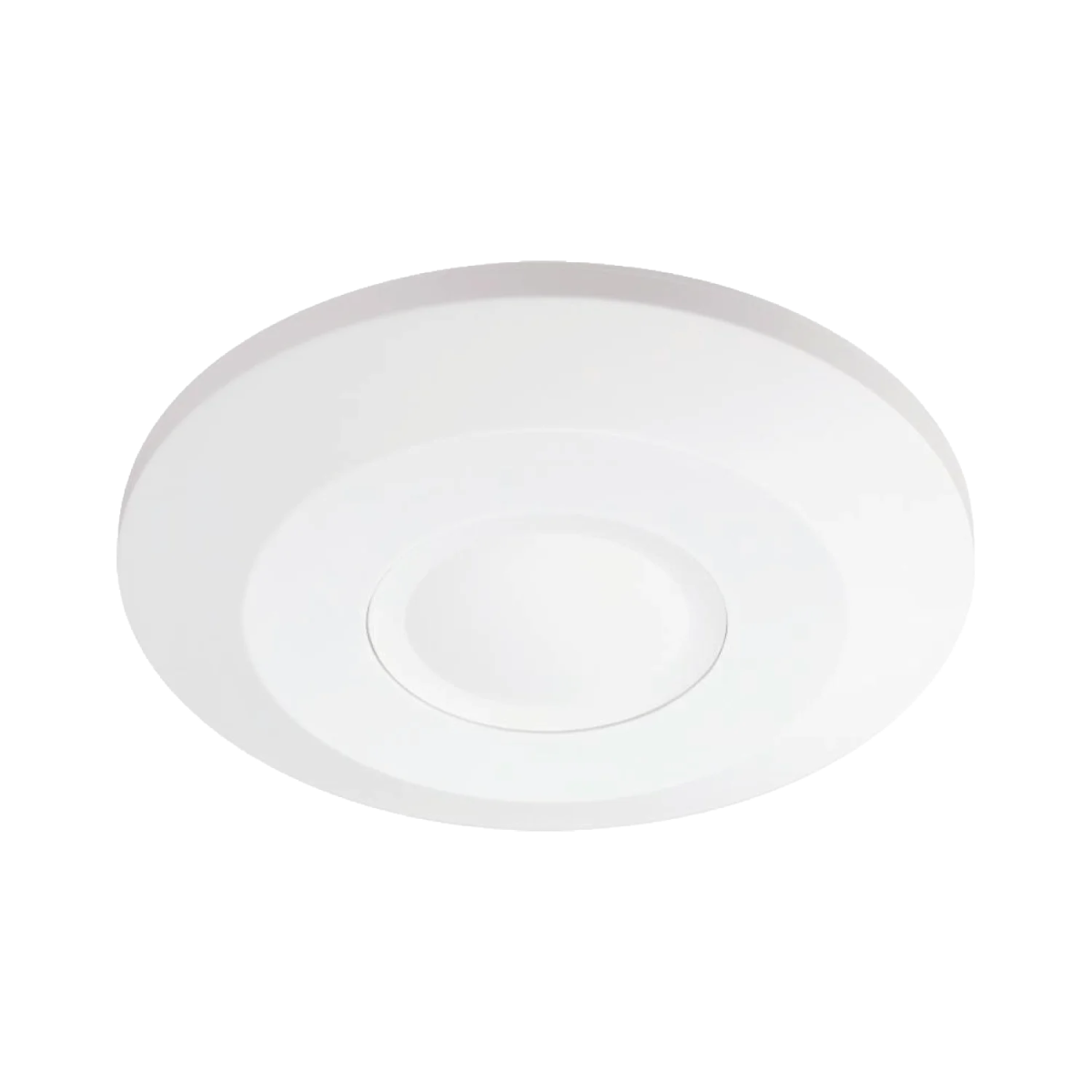 Round white ceiling light fixture on a white background