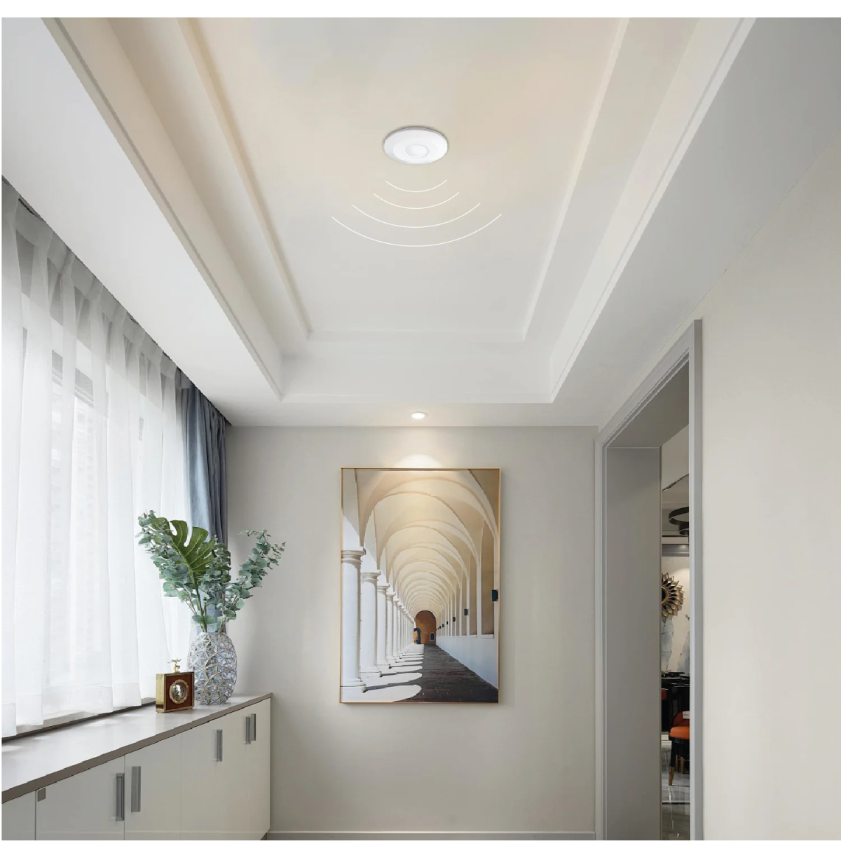Modern interior hallway with a painting on the wall and a window with blinds.