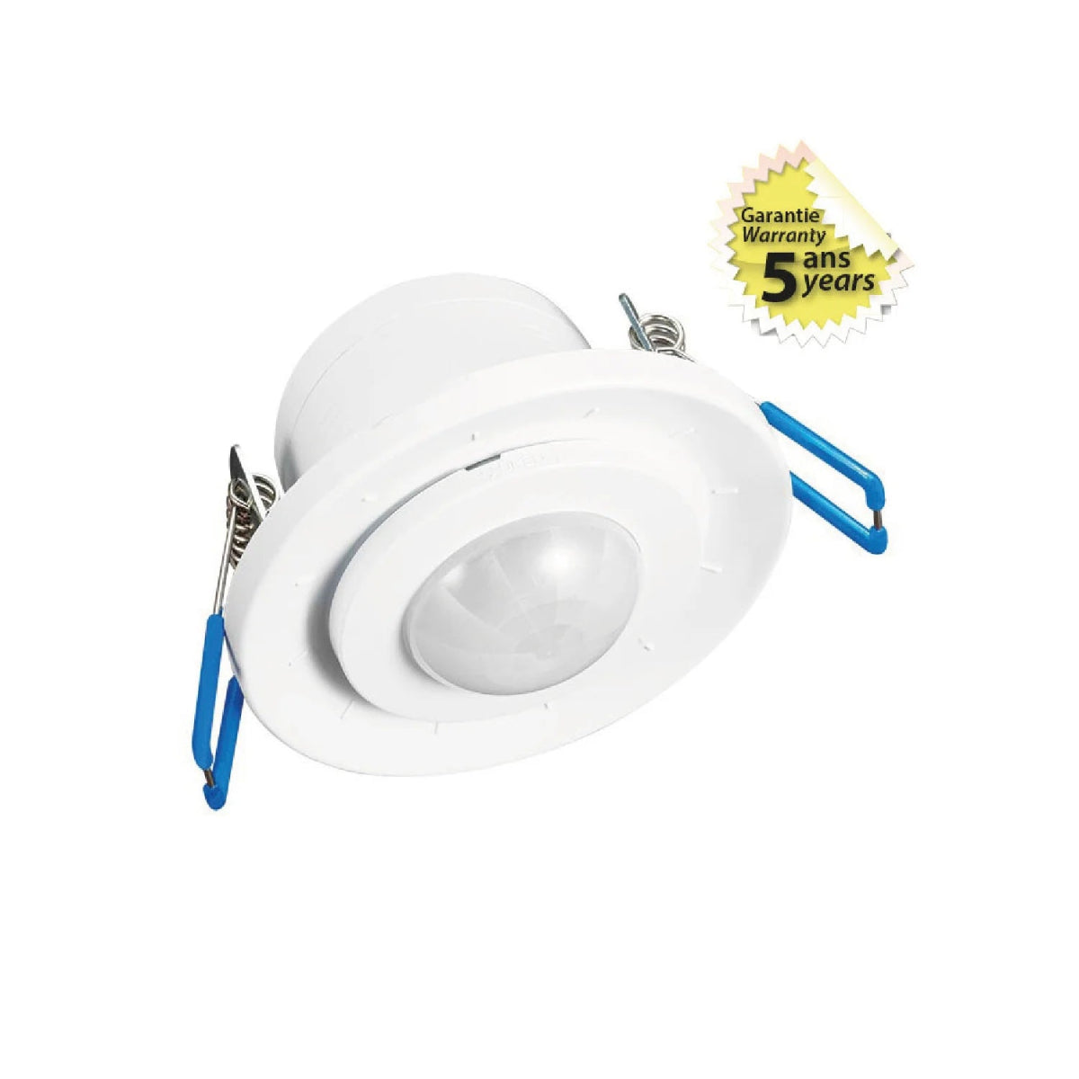 White recessed light fixture with blue accents on a white background, featuring a 5-year warranty label.