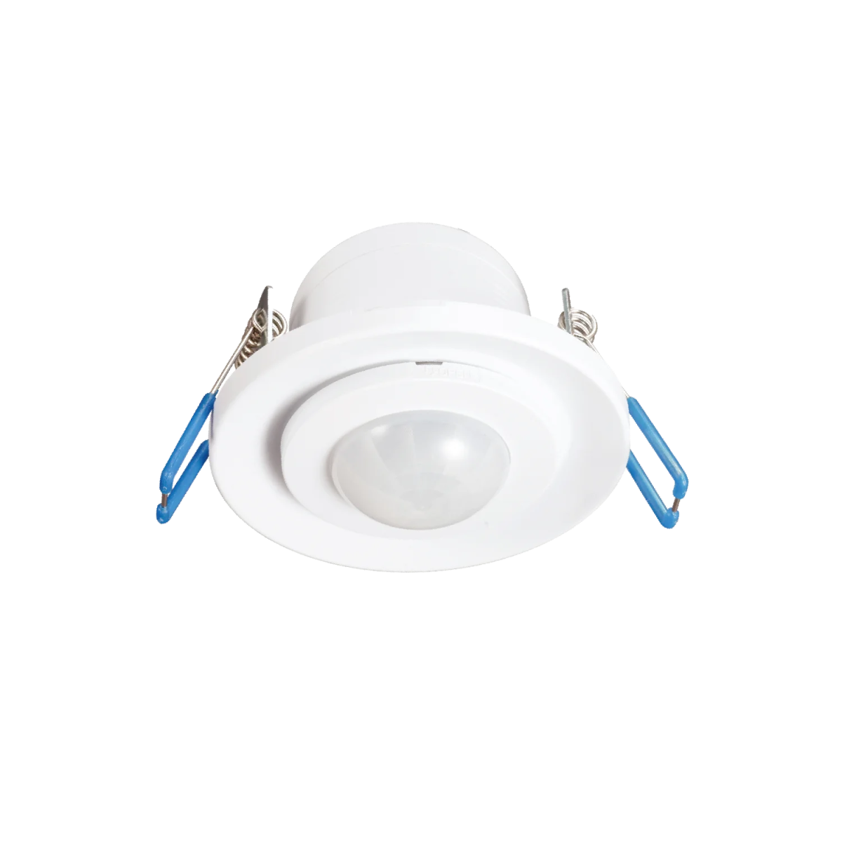 White recessed ceiling light with blue clips on a white background