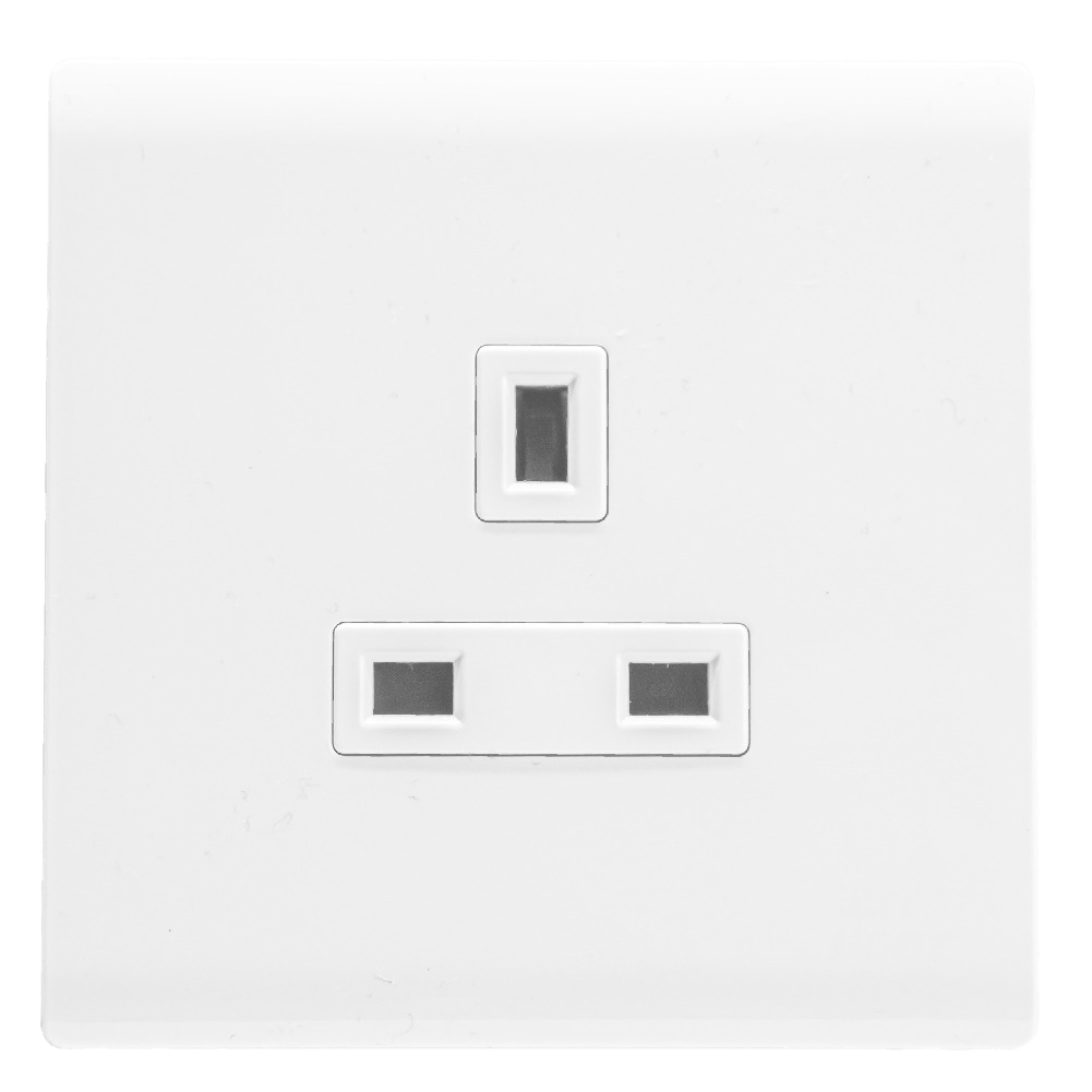 A white, double pole, wall mounted electrical socket