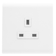 A white, double pole, wall mounted electrical socket