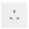 A white, double pole, wall mounted electrical socket