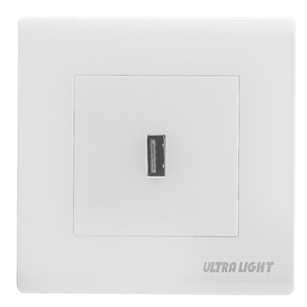 White light switch panel with a single socket on a white background