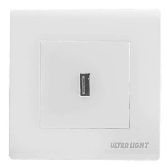 White light switch panel with a single socket on a white background