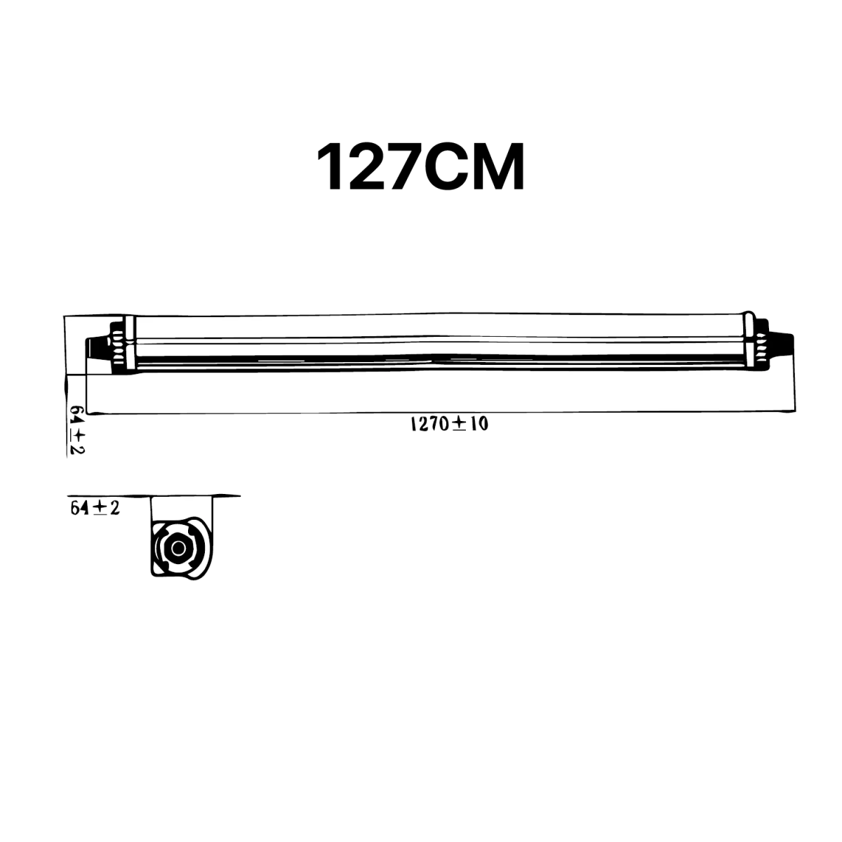 Measurement diagram of a 127cm long object with dimensions on a white background