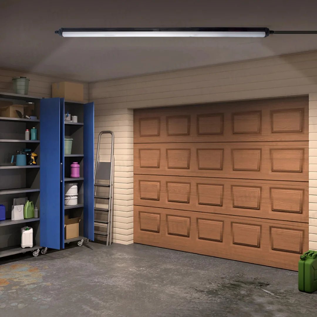 Garage interior with a wooden door, shelves, and a ceiling light fixture.