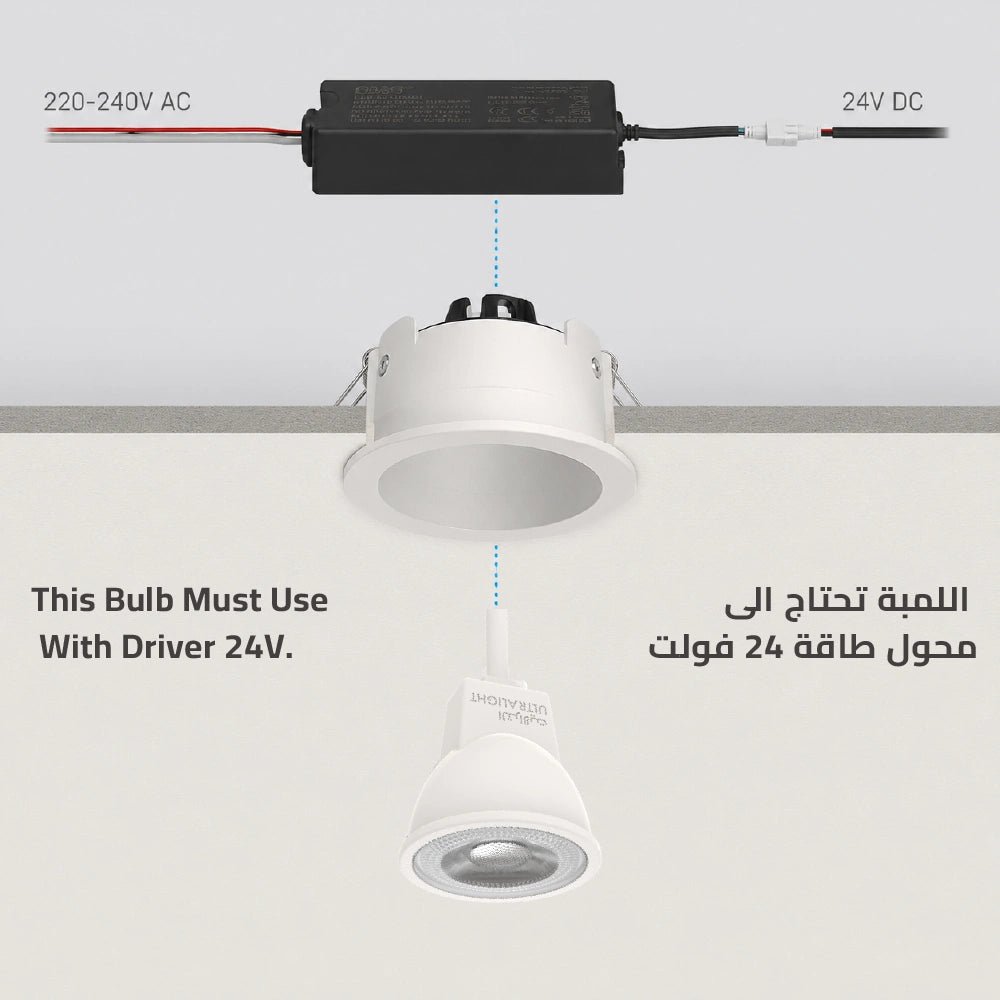 Ceiling light fixture with driver and bulb on a white background