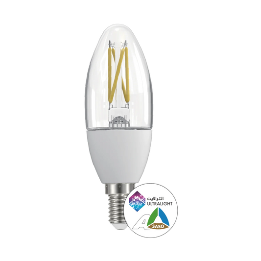 Clear LED light bulb with ULTRA LIGHT logo on a white background