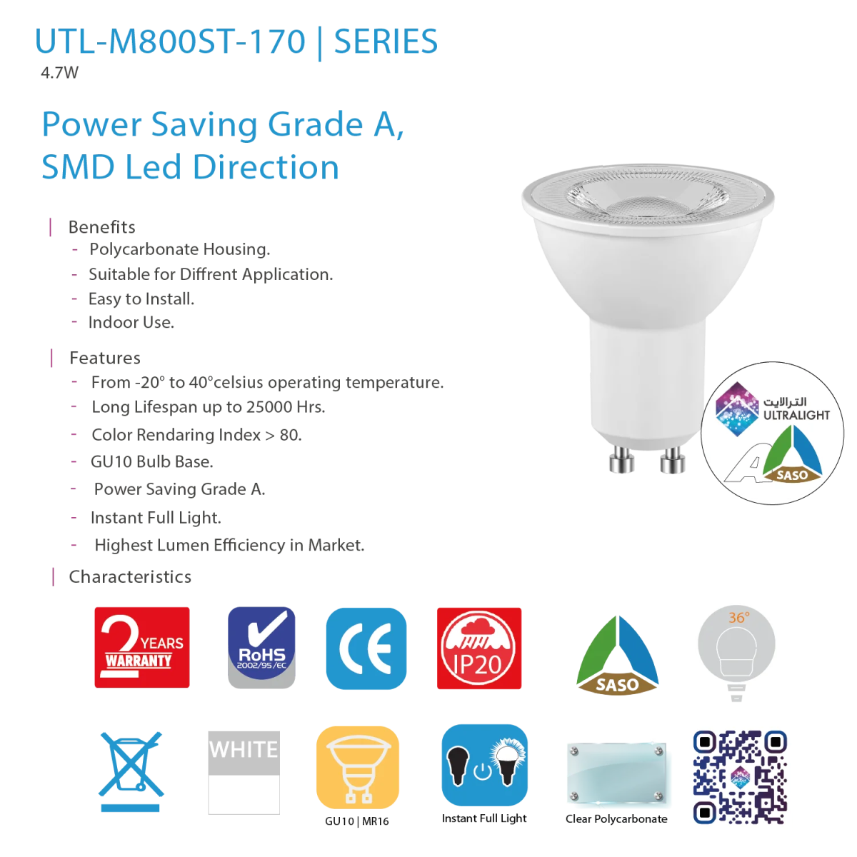 Ultralight LED Bulb 4.7W GU10 - Most Efficient Lighting 170 lm/W (UTL-M800ST-170)