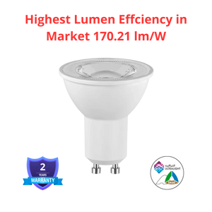 LED light bulb with text highlighting highest lumen efficiency and warranty information on a white background