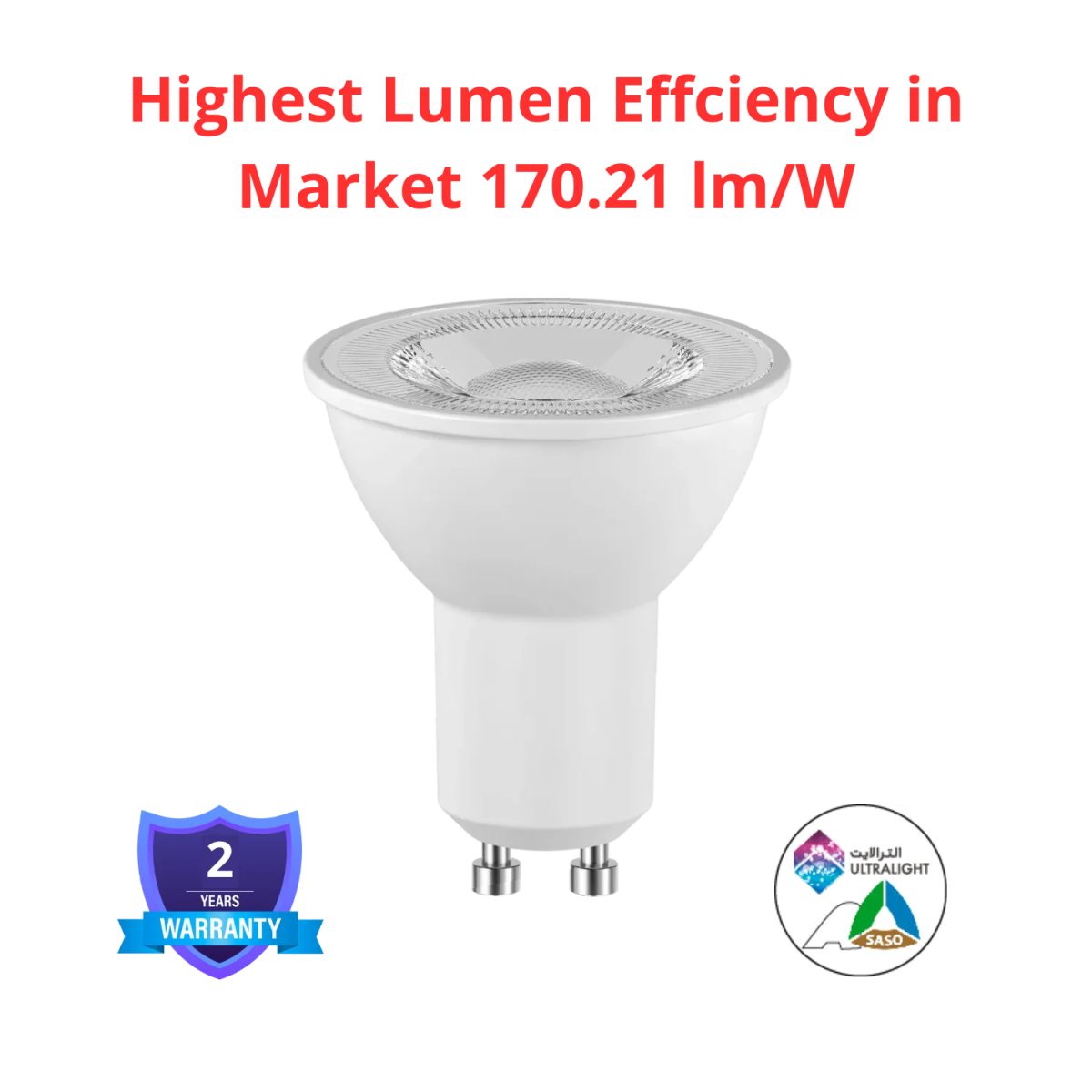 LED light bulb with text highlighting highest lumen efficiency and warranty information on a white background