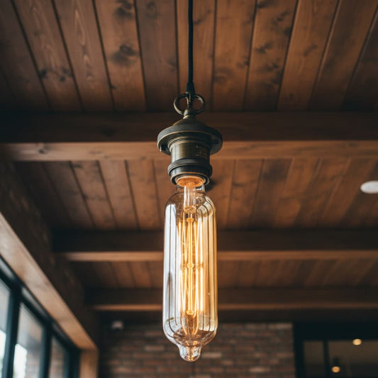 Vintage-style light bulb hanging from a wooden ceiling