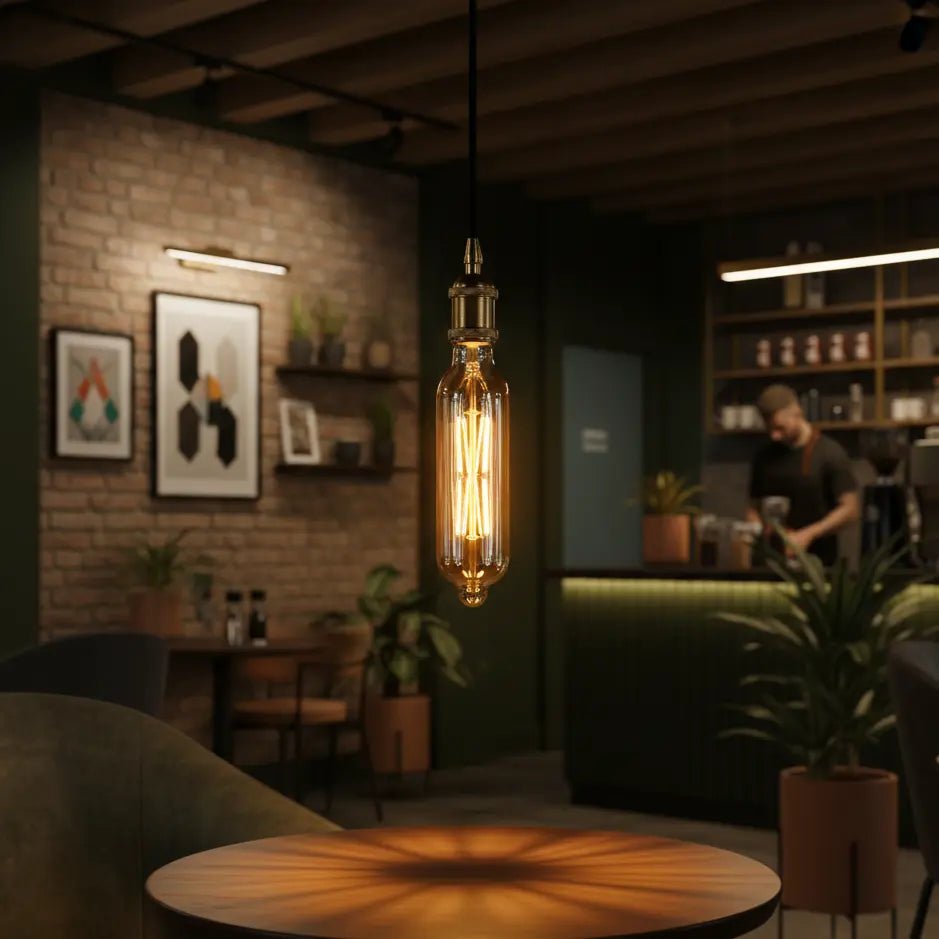 Modern interior design with a pendant light, brick wall, and shelves.