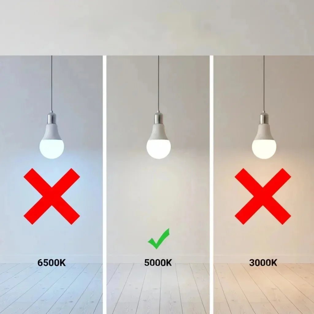 Three light bulbs with color temperature indicators on a plain background