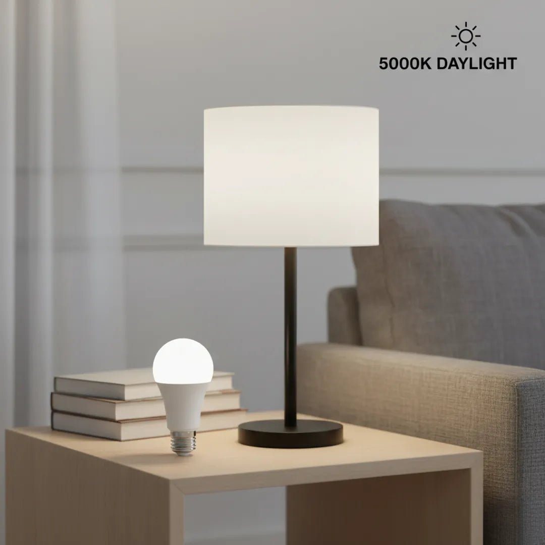 Table lamp and LED bulb on a table with '5000K Daylight' label.