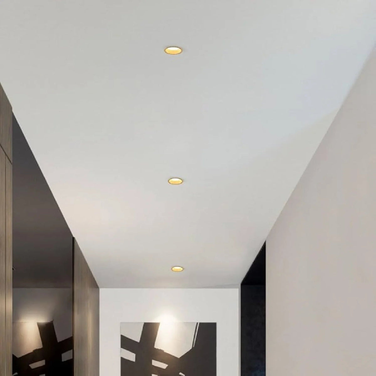 Modern interior with recessed ceiling lights in a hallway.