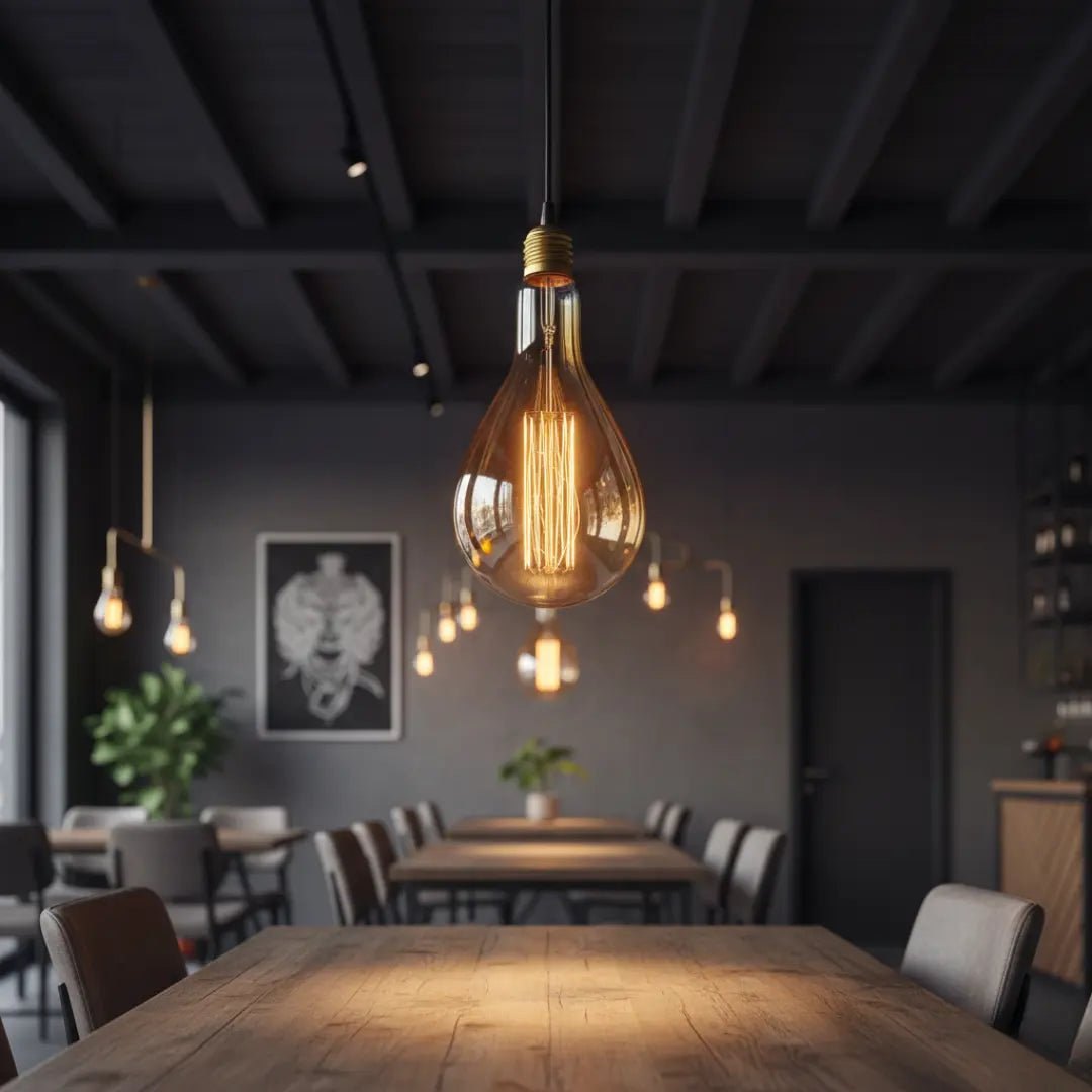 Modern interior with wooden tables and chairs, illuminated by hanging light bulbs.